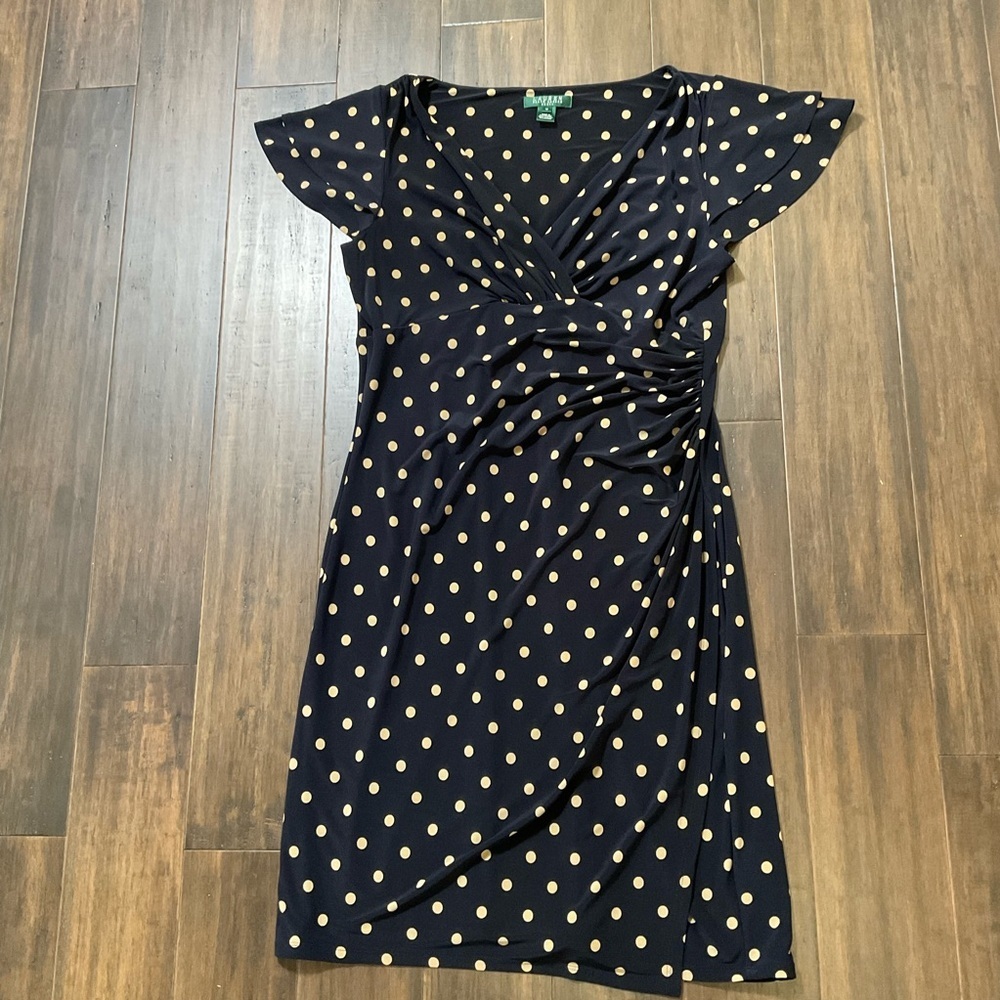 Lauren Ralph Lauren Sheath Dress Size 16 Navy Polka Dot Ruched Stretch Faux Wrap
